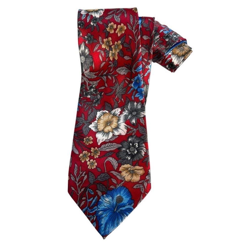 Italian 100%‎ Silk Tie Floral Pattern Red and Blue Handmade Luxury Fashion B14Q